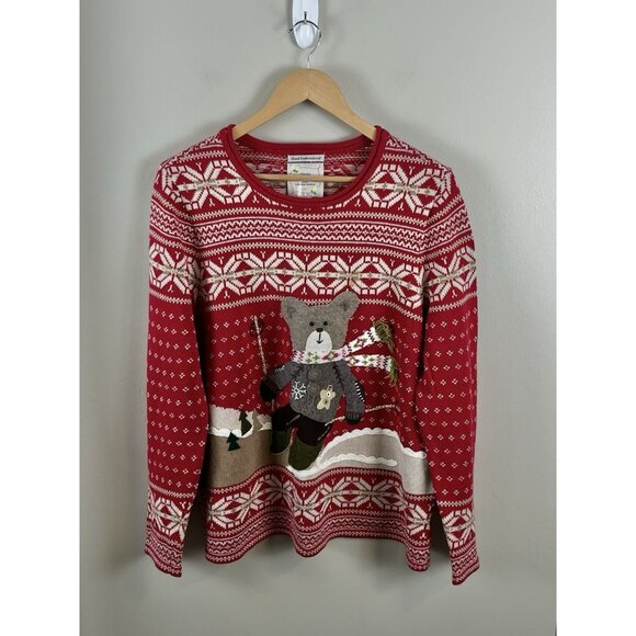 Christopher‎ Banks Women’s XL Hand Embroidered Holiday Christmas Sweater Bear - Picture 1 of 12